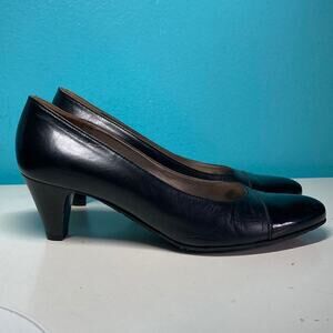 Galo Women Pumps Black Leather 39.5 Vintage Patent Cap Toe Heel Italy 8.5